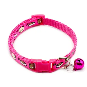 Pink cartoon print pet collar with safety buckle and bell, adjustable nylon cat dog neck strap.