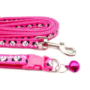 1cm pink cartoon printed pet leash set with bell and metal hook for cats and dogs cute.