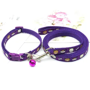 Purple pet leash and collar set with cute cartoon dog pattern and bell, 1cm width, durable design.