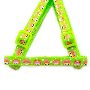 Green pet harness strap with cute cartoon print and plastic adjusters, 1cm wide small dog accessory.