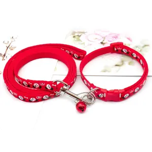 Red pet leash and collar set with cute cartoon mouse print and bell, adjustable daily walking strap.