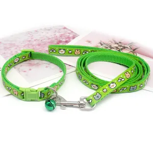 Green pet collar and leash set 1cm width with cute cartoon prints and metal bell for cats and dogs