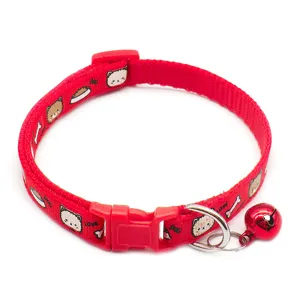 Red 1cm pet collar detail showing cartoon print, plastic buckle, and cute small bell.