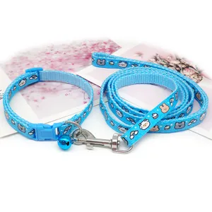 1cm wide cute cartoon animal pet collar and leash set with bell, blue cat and dog traction strap.