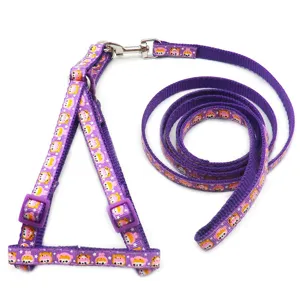 Cute cartoon print pet harness and leash set in purple, 1cm width, ideal for small dogs and cats.