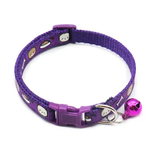 Purple cat collar with cute cartoon cat and bone print, adjustable strap and pink bell.