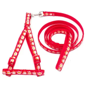 Detailed view of the red cartoon printed pet harness and leash set with 1cm width and metal hook.