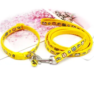 Cute cartoon animal print pet dog collar and leash set with yellow bell for cats.