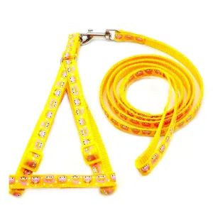Yellow cartoon printed pet chest harness and leash set, 1cm wide small dog cat traction