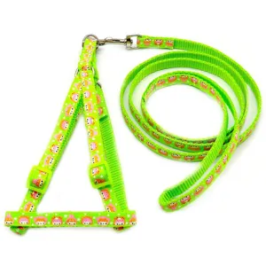 Green cartoon print pet harness and leash set, 1cm width, ideal for walking small dogs & cats.