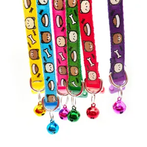 Colorful nylon pet collars with cute cartoon prints, matching bells, and durable D-rings.
