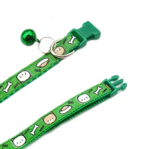Green cartoon print pet dog collar with bell and buckle, adjustable cute neck strap for cats.