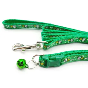 Green dog leash with collar, cute cartoon print, metal hook and bell for small pets