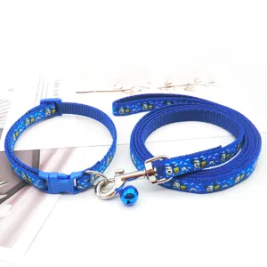 Blue pet collar and leash set with cute cartoon dog print and bell for small dogs cats.