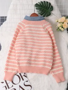 Pink and white striped fake two-piece sweater with denim lapel detail, chic knitwear top.