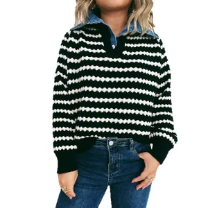 Women fashion black white striped sweater denim patchwork lapel knitwear top casual chic