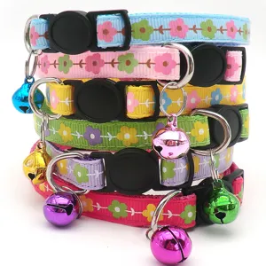 Colorful floral pet collar with bell and safety buckle for cats and dogs daily wear details