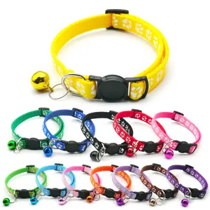 Adjustable Nylon Pet Collar With Bell Paw Print Cat Dog Anti-Loss Neck Strap Pet Accessories
