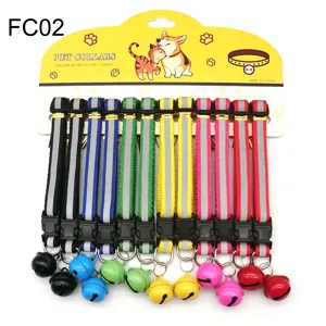 Reflective pet collar set with cute bells and plastic buckle, 12 pieces in one card package.