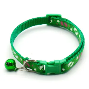 Green pet cat collar with cute footprint print, metal bell and quick release buckle.