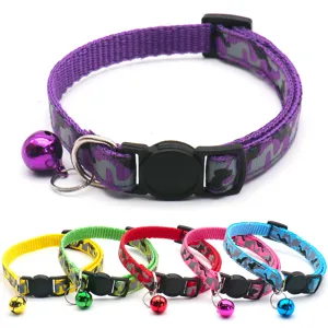 Colorful camouflage pet cat dog collar with bell and safety buckle, adjustable pet necklace.
