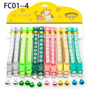 Colorful pet cat collar with bell paw print nylon adjustable kitten neck strap set