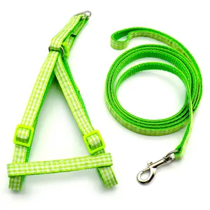 Green white gingham pet harness leash set for dogs cats walking cute pet supplies.