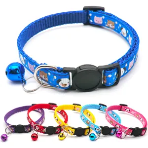 Cute pet collar with bell and cartoon print, adjustable nylon cat dog neck strap accessories.