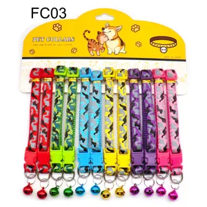 Colorful pet collar set with cute bell, adjustable nylon camouflage cat and dog neck strap.