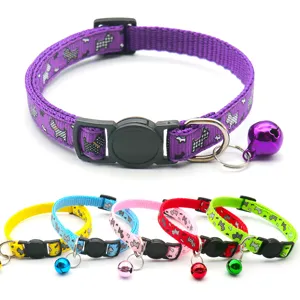 Colorful nylon pet cat dog collar with safety buckle and bell, cute pattern pet accessories.