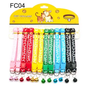Colorful pet collar set with cute bells and quick release buckle, printed fabric cat dog collars.