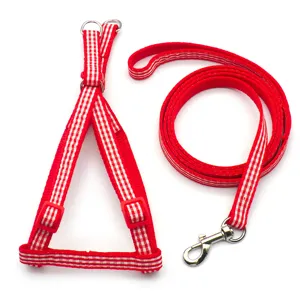 Red gingham dog harness and leash set, comfortable pet vest leash for walking cats and dogs.