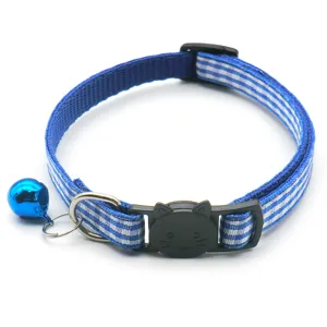 Blue plaid cat collar with cute cat face buckle and bell for small pets and kittens.