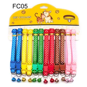 Colorful polka dot pet collar with bell and buckle, nylon puppy cat necklace for daily wear.