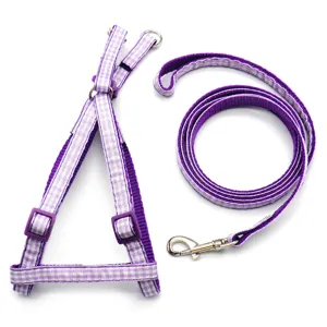 Purple plaid pet harness and leash set detail showing the vest design, straps, and hardware.