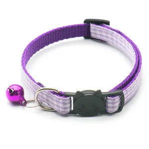 Purple plaid cat collar with cute cat face buckle and bell, adjustable pet neck accessory.