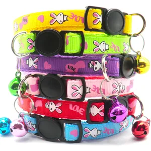 Colorful pet cat collar with safety buckle and cute bell, durable nylon strap set.