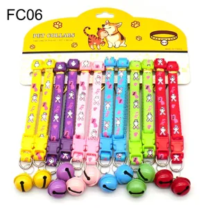Set of 12 colorful pet collars with bells, cute cartoon rabbit pattern and plastic buckles.