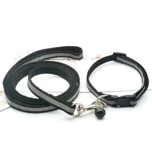 Vue détaillée de l'ensemble de laisse et collier pour chien réfléchissant noir avec mousqueton.