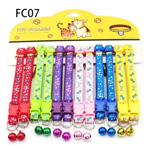 Colorful printed pet collars with bells, fabric cat and dog necklaces carded wholesale set