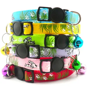 Colorful pet collar set with cute dog prints, safety buckle, D-ring and bells for cats dogs.