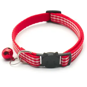 Red plaid cat collar with cute black cat buckle and jingle bell for small pets.