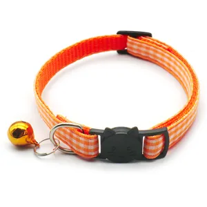 Orange plaid cat collar with cute black cat face buckle, D-ring and bell for pets.
