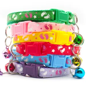 Cute Cartoon Paw Print Pet Collar With Bell Adjustable Nylon Cat And Dog Neck Strap Daily Walking Pet Accessories