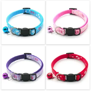 Details of cute footprint pet collar with bell, adjustable nylon strap and secure buckle.