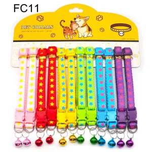 Colorful pet collars with cute star patterns, fabric straps and bells for cats and dogs.