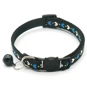 Black cat collar with blue white heart pattern, cute cat buckle bell, pet accessory detail shot.