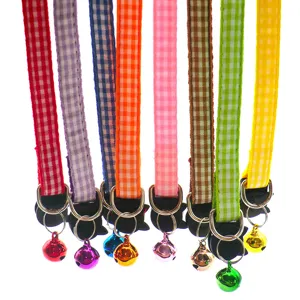 Colorful gingham pet collar with cute bell and safety buckle for small cats and dogs daily use.