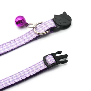 British plaid cat collar with safety buckle and bell for small pets, soft and stylish design.