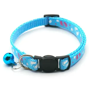 Blue pet cat dog collar with bell cute footprint pattern adjustable safety buckle detail